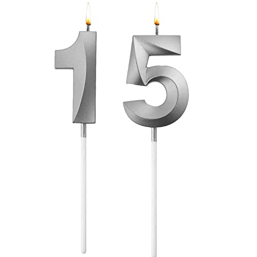 15 años de edad Velas de Cumpleaños, Vela Número Plata, Forma de Diamante 3D Velas Cumpleaños Decoración para Cumpleaños, Aniversario de Bodas, Fiesta de Graduación.