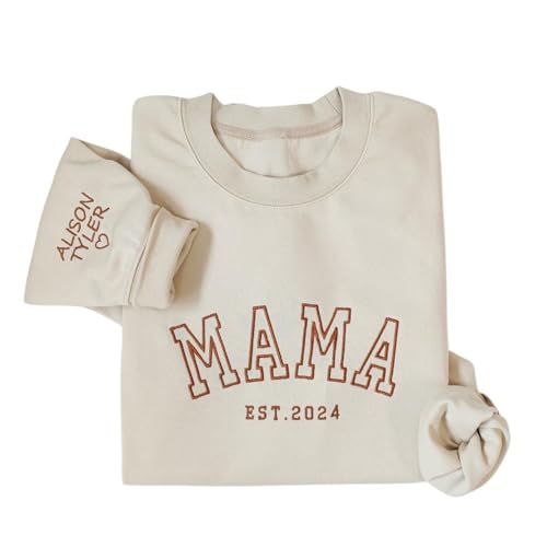 Shinedian Sudadera bordada personalizada para mamá, regalo para nueva mamá y cumpleaños, beige,...