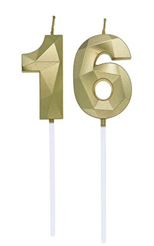 Velas de Cumpleaños Número 1 y 6, Vela para 16 Años Cumpleaños, Decoracion Tartas Cumpleaños Toppers de Pastel Decorativo, para Fiesta de Cumpleaños y Celebración del 61 Aniversario de Bodas, Oro