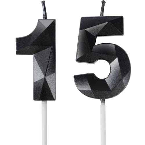 Yiran Velas de Cumpleaños 15 Años Negro, Decoraciones para Niños y Niñas, Número 15 3D para...