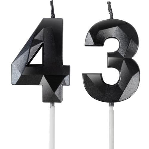 Velas de Cumpleaños 43 Años Negro, Decoraciones para Hombres y Mujeres, Número 43 3D para Tarta,...