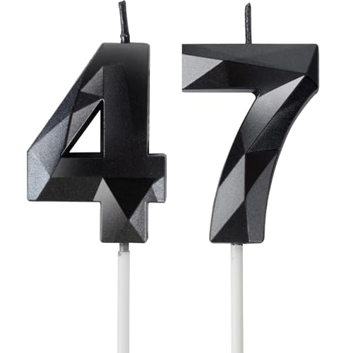 Velas de Cumpleaños 47 Años Negro, Decoraciones para Hombres y Mujeres, Número 47 3D para Tarta,...