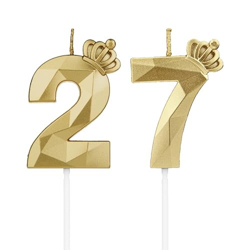 DTXLX Velas 3D cumpleaños Dorado números 27 con corona, para tartas, decoración cumpleaños,...