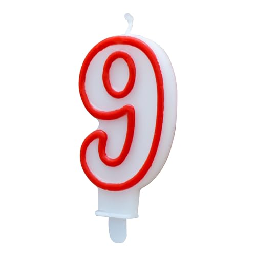 ALGON | Vela De Cumpleaños 9 Años Blanca Con Borde Rojo - Vela De Cumpleaños Diseño Colorido Y...
