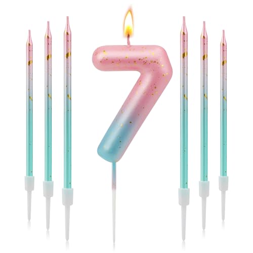 7 Piezas Velas Cumpleaños Originales Degradado Azul Rosa, 3D Velas de Cumpleaños con Números para...