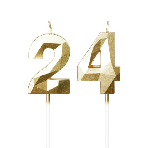 Yiran Velas de cumpleaños número 24, velas doradas con el número 24, decoraciones para tartas...