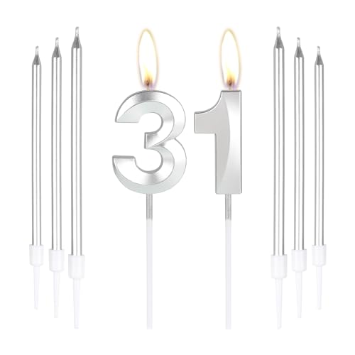 Plata 31 velas de cumpleaños-3D Número 31 vela para pastel con 6 piezas largas velas Set,Plata...