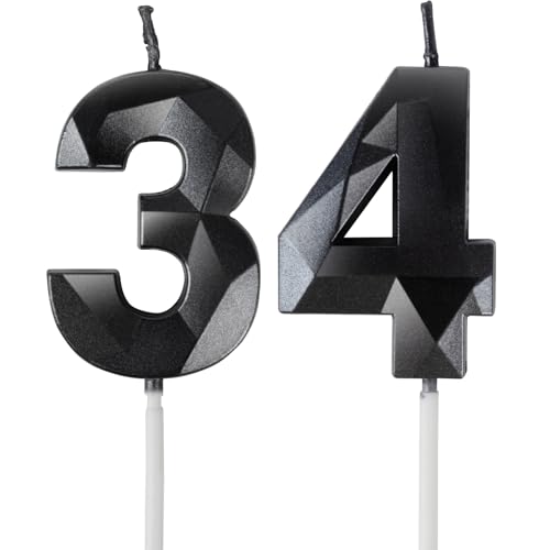 Yiran Velas de Cumpleaños 34 Años Negro, Decoraciones para Hombres y Mujeres, Número 34 3D para...