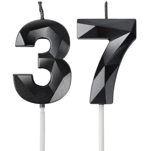 Yiran Velas de Cumpleaños 37 Años Negro, Decoraciones para Hombres y Mujeres, Número 37 3D para...