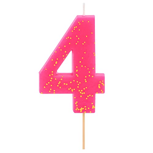 1 Unidad - Vela Fluor de Cumpleaños (número 4) Color Rosa con Efecto Glitter Dorado de 7,5 cm - Decoración para tartas, Cumpleaños, Aniversario de Bodas, Fiesta Graduación, velas para tartas.