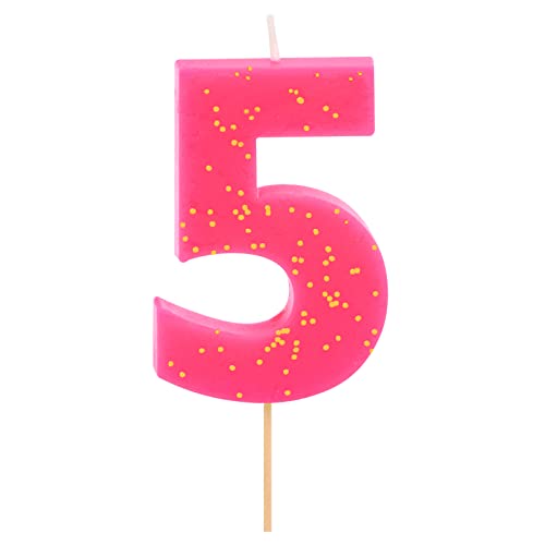 1 Unidad - Vela Fluor de Cumpleaños (número 5) Color Rosa con Efecto Glitter Dorado de 7,5 cm - Decoración para tartas, Cumpleaños, Aniversario de Bodas, Fiesta Graduación, velas para tartas.
