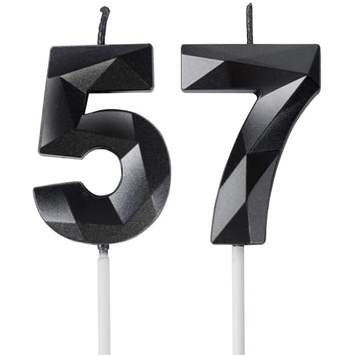 Velas de Cumpleaños 57 Años Negro, Decoraciones para Hombres y Mujeres, Número 57 3D para Tarta,...