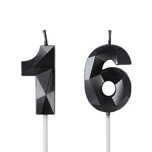 Yiran Velas de Cumpleaños 16 Años Negro, Decoraciones para Niños y Niñas, Número 16 3D para...