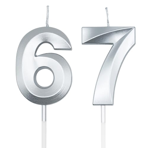 Velas plateadas de 67 y 76 cumpleaños para pasteles, número 67 y 76, decoración de pastel para...