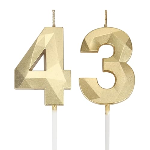 Velas de cumpleaños con números 43, velas de oro 3D para tartas de cumpleaños, velas de...