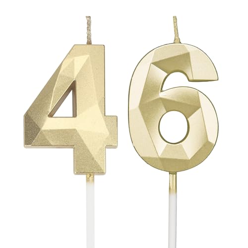 Velas de cumpleaños con números 46, 3D, doradas, velas de cumpleaños para tartas, decoración de...