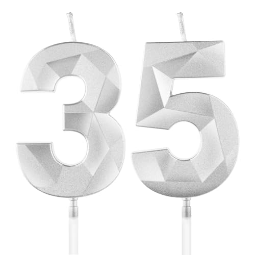 Velas de Cumpleaños 35 Años Plata, Decoraciones para Hombres y Mujeres, Número 35 3D para Tarta,...