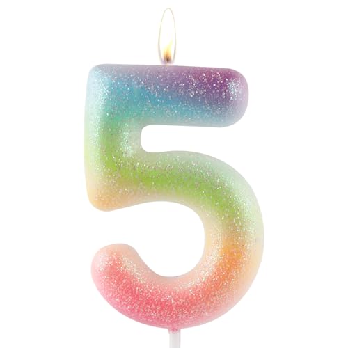 Vela colorida con purpurina para cumpleaños número 5, decoración de pastel para niñas y mujeres,...
