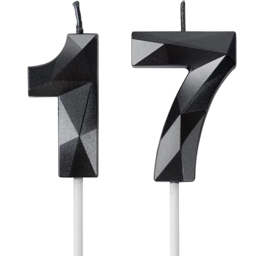 Yiran Velas de Cumpleaños 17 Años Negro, Decoraciones para Niños y Niñas, Número 17 3D para...