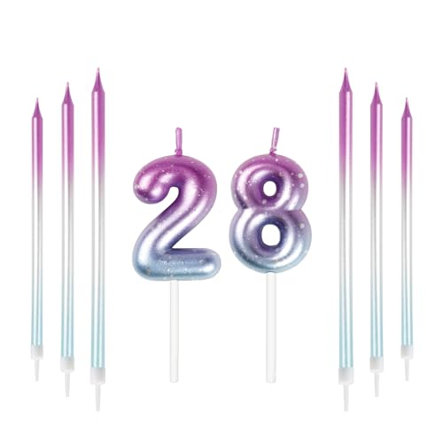 mciskin Velas de cumpleaños número 28, color morado y azul, vela larga y número 28 para pastel,...