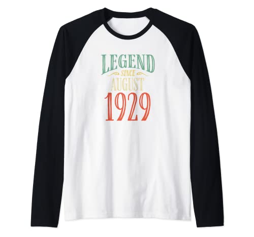 Leyenda desde agosto 1929 Diseño de cumpleaños Camiseta Manga Raglan