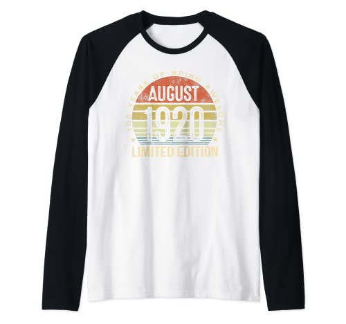 Agosto de 1920 Edición Limitada 100 Cumpleaños 100 Regalo Camiseta Manga Raglan