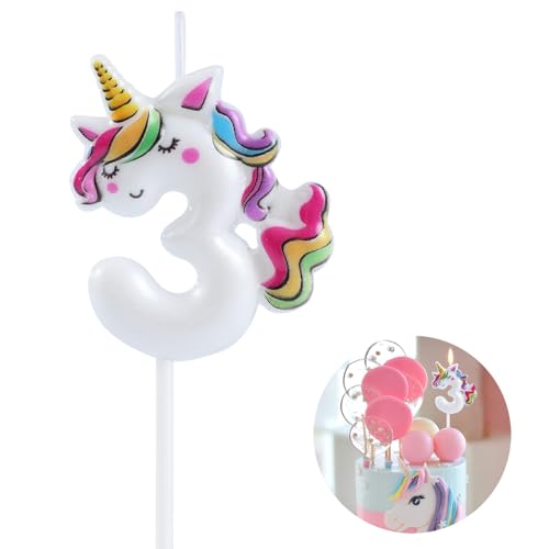 EAKE Unicorn 3 - Vela de cumpleaños 3D, color blanco dinámico con el número 3 con color arcoíris...