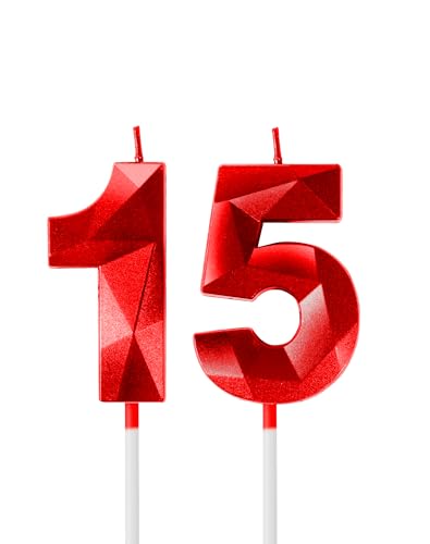 Yiran 3D Velas de 15 cumpleaños, Número 1 y 5, rojas, sin aroma, decoraciones para tartas y bodas