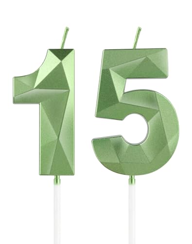 Velas verdes de 15 cumpleaños, vela verde 3D número 15 para pastel, decoraciones de cumpleaños de...
