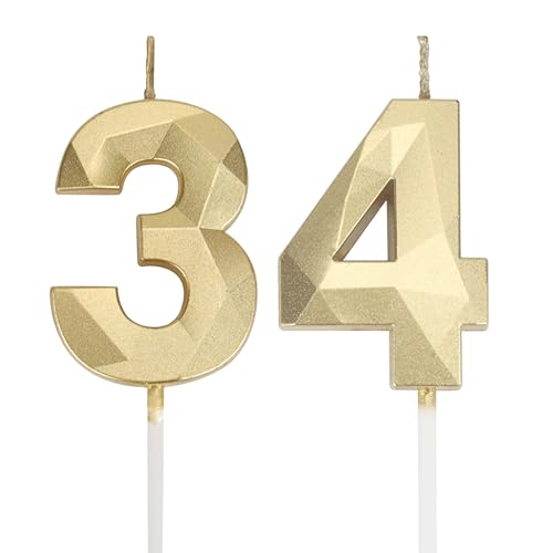 Velas de cumpleaños número 34, velas de números dorados, decoración de cumpleaños, decoración...