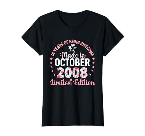 14 años 14 cumpleaños Hecho en Octubre de 2008 Floral Camiseta