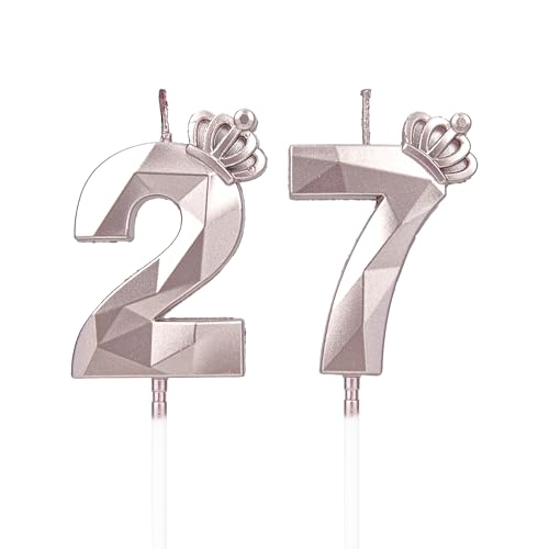 DTXLX Velas 3D cumpleaños Oro Rosa números 27 con corona, para tartas, decoración cumpleaños,...