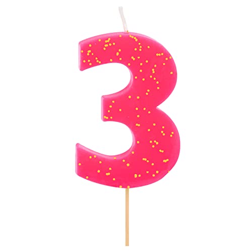 1 Unidad - Vela Fluor de Cumpleaños (número 3) Color Rosa con Efecto Glitter Dorado de 7,5 cm - Decoración para tartas, Cumpleaños, Aniversario de Bodas, Fiesta Graduación, velas para tartas.