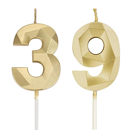 Velas de cumpleaños con números 39, velas de oro 3D para tartas de cumpleaños, velas de...