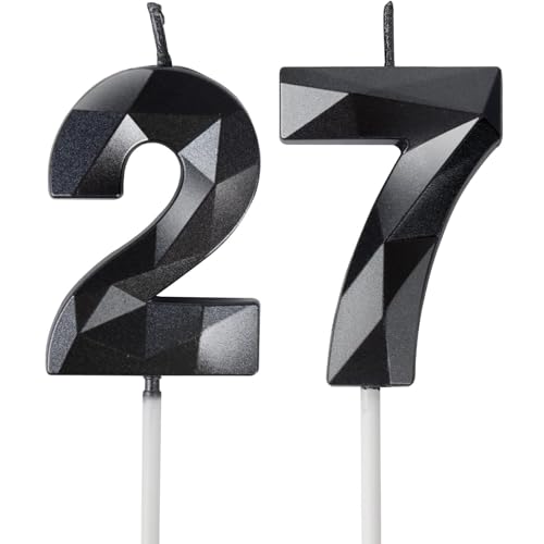 Yiran Velas de Cumpleaños 27 Años Negro, Decoraciones para Hombres y Mujeres, Número 27 3D para...