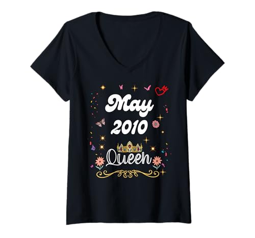 Mujer Mayo 2010 Reina Desde Mayo 2010 Cumpleaños Niña Mujeres Camiseta Cuello V