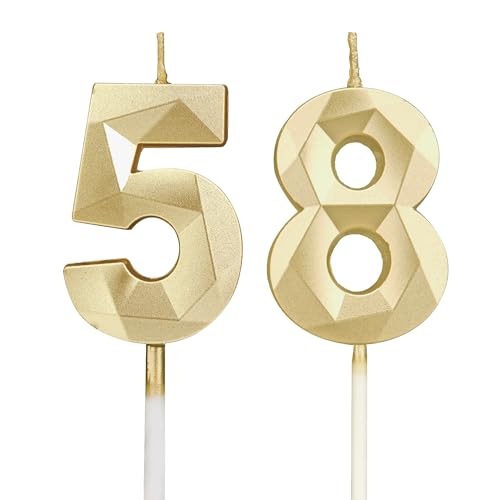 Velas de cumpleaños con números 58, velas 3D doradas de cumpleaños para tartas, velas de...