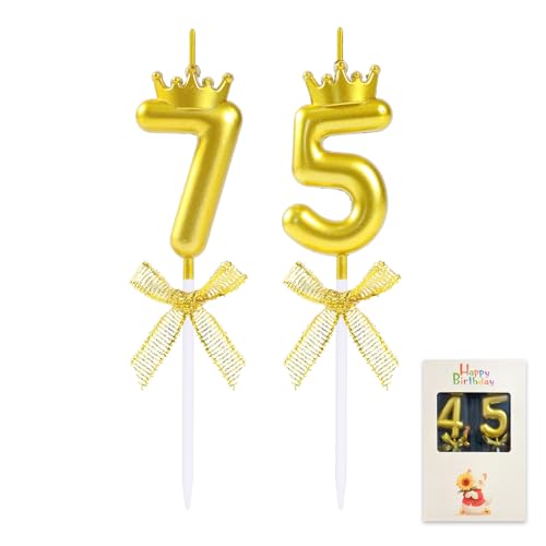 EAKE Velas de cumpleaños 75 y 57, decoración para tarta con el número 75 dorado en 3D con corona...