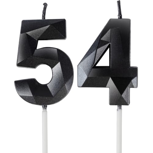 Velas de Cumpleaños 54 Años Negro, Decoraciones para Hombres y Mujeres, Número 54 3D para Tarta,...