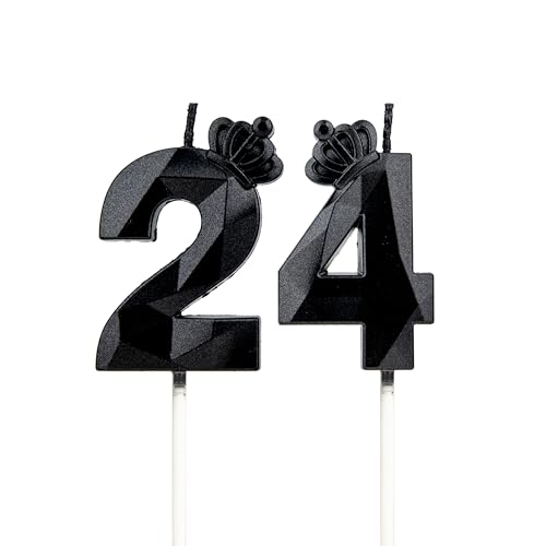 DTXLX Velas 3D cumpleaños Negro números 24 con corona, para tartas, decoración cumpleaños, velas...