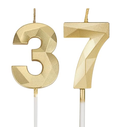 Velas de cumpleaños con números 37, velas de oro 3D para cumpleaños para pasteles, decoración de...
