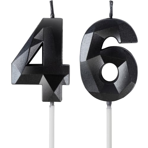 Velas de Cumpleaños 46 Años Negro, Decoraciones para Hombres y Mujeres, Número 46 3D para Tarta,...