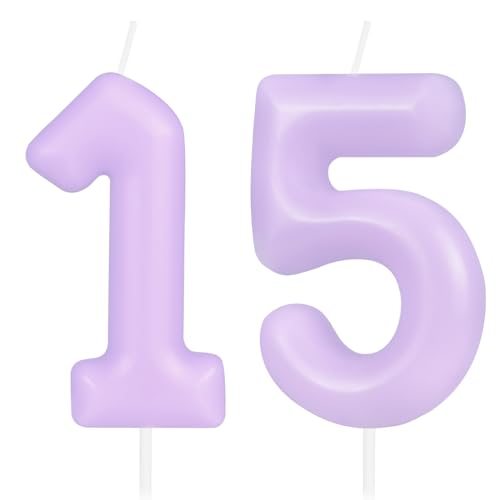 Hongplus Vela de color morado macarrón con el número 15, vela de cumpleaños número 15, velas de...