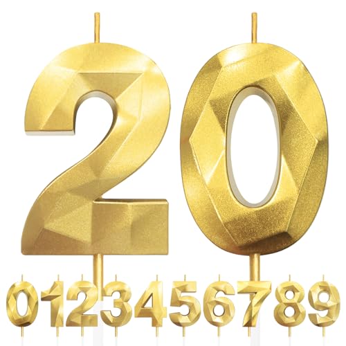 Velas Dorado, 3D Velas Número 20, cumpleaños para Pasteles, Decoraciones para Fiestas, Bodas,...