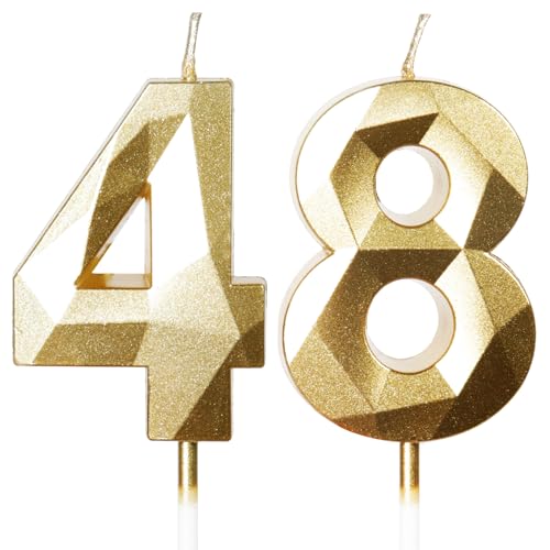 Yiran Velas de Cumpleaños 48 Años Dorado, Decoraciones para Hombres y Mujeres, Número 48 3D para...