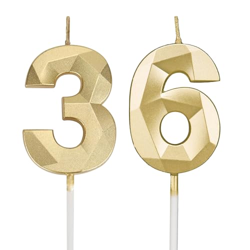 Velas de cumpleaños con números 36, velas 3D doradas de cumpleaños para tartas, velas de...