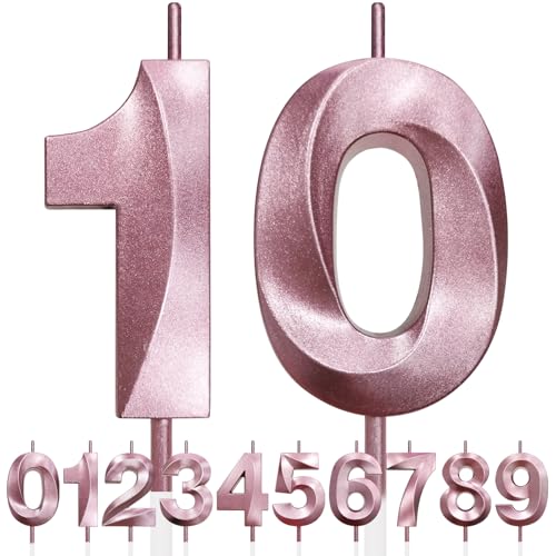 10th Vela de Cumpleaños con Purpurina oro rosa y Diseño 3D - Número 10, Velas con Números,...