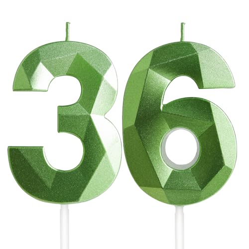 Yiran Velas de Cumpleaños 36 Años Verde, Decoraciones para Hombres y Mujeres, Número 36 3D para...