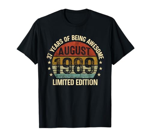 Agosto Cumpleaños EST 1989 Edición Limitada Vintage 37 Camiseta