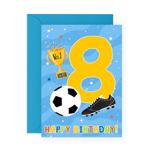 CENTRAL 23 Tarjeta de felicitación de octavo cumpleaños para niños – fútbol de 8 años –...